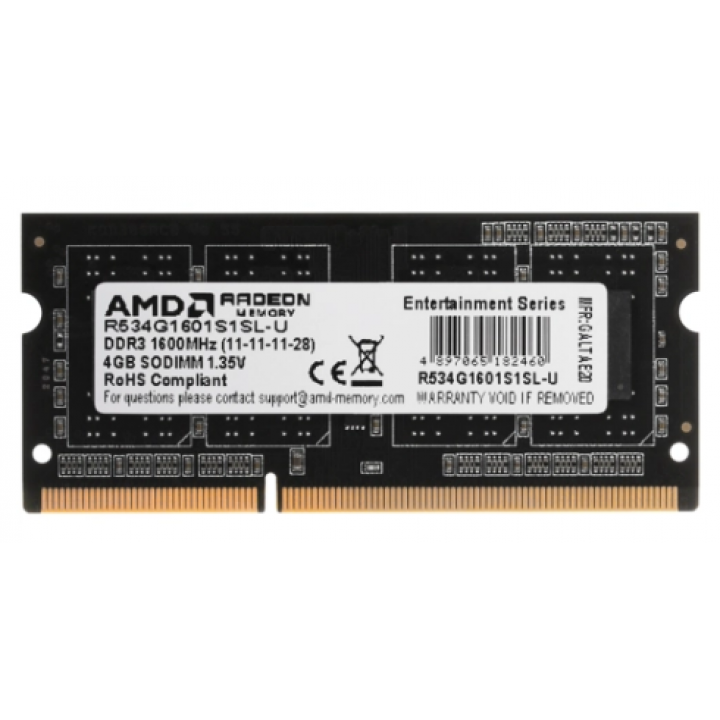 Модуль памяти 4GB AMD Radeon™ DDR3L 1600 SO DIMM R5 Entertainment Series Black R534G1601S1SL-U Non-E