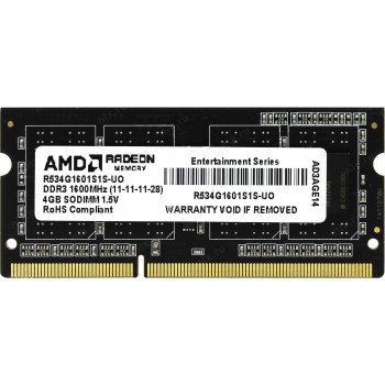 Память SO-DIMM DDR3 AMD 4GB 1600 R5 Entertainment Series Black R534G1601S1S-U Non-ECC, CL11, 1.5V, R