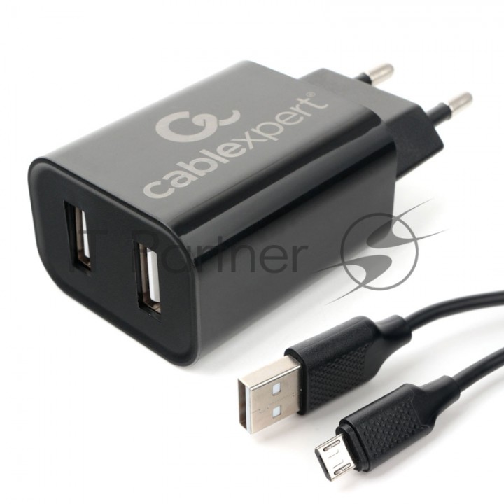 Адаптер питания Cablexpert MP3A-PC-35 USB 2 порта, 2.4A, черный + кабель 1м micro