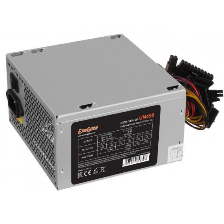 Блок питания 450W ExeGate UN450, ATX, PC, 12cm fan, 24p+4p, 6/8p PCI-E, 3*SATA, 2*IDE, FDD + кабель 