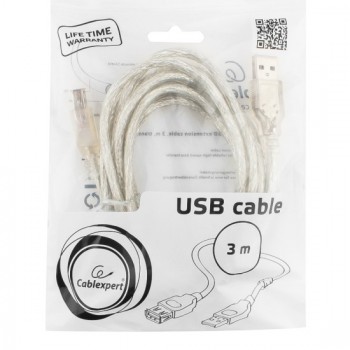 Кабель Cablexpert USB2.0 Pro, AM/AF, 3м, экран, 2 феррит.кольца, прозрачный (CCF-USB2-AMAF-TR-10)