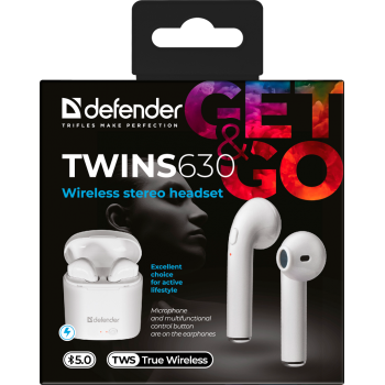 Гарнитура Defender Twins 630 белый,TWS, Bluetooth
