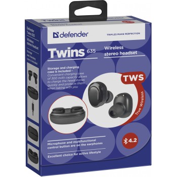 Гарнитура Defender Twins 635 черный, TWS, Bluetooth