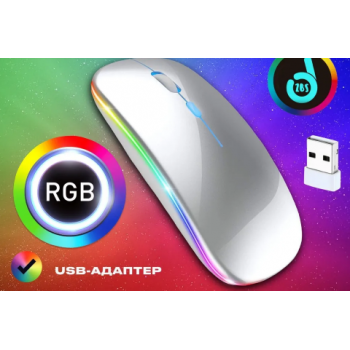 Мышь беспроводная бесшумная / Серебро с подсветкой RGB c адаптером USB 