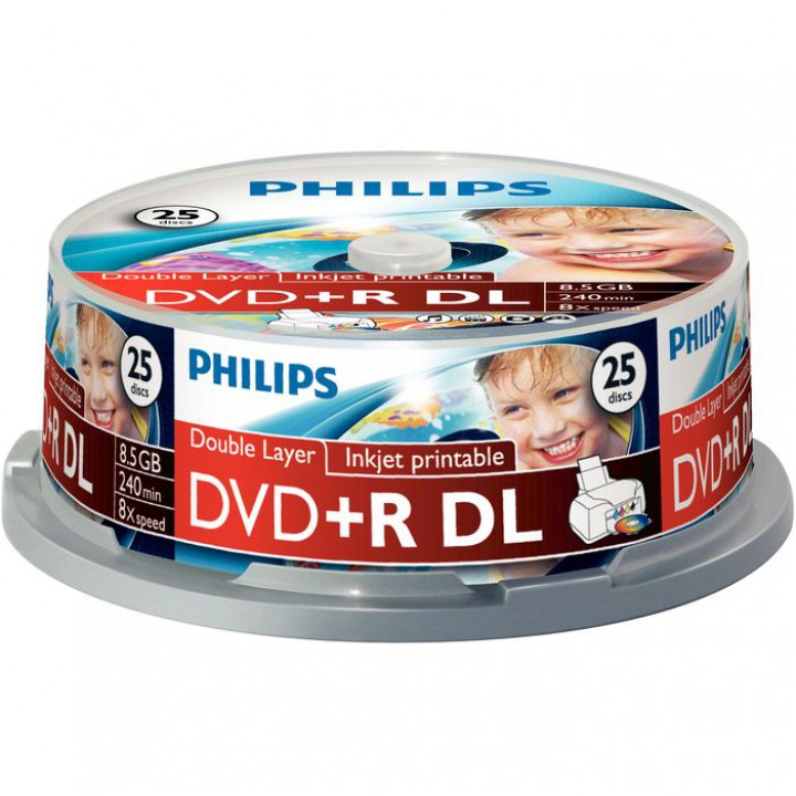 DVD+R Philips 8.5Gb 8x 1шт., Double Layer, Printable, Cake Box (DR8I8B25F/97)