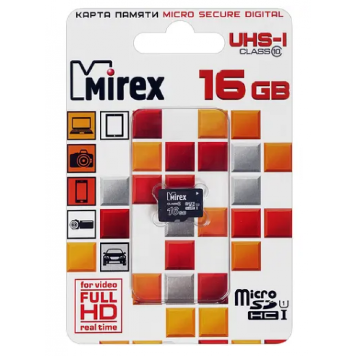 Карта памяти microSDHC MIREX 16GB (UHS-I, class 10)13612-MCSUHS16 <13612-MCSUHS16>